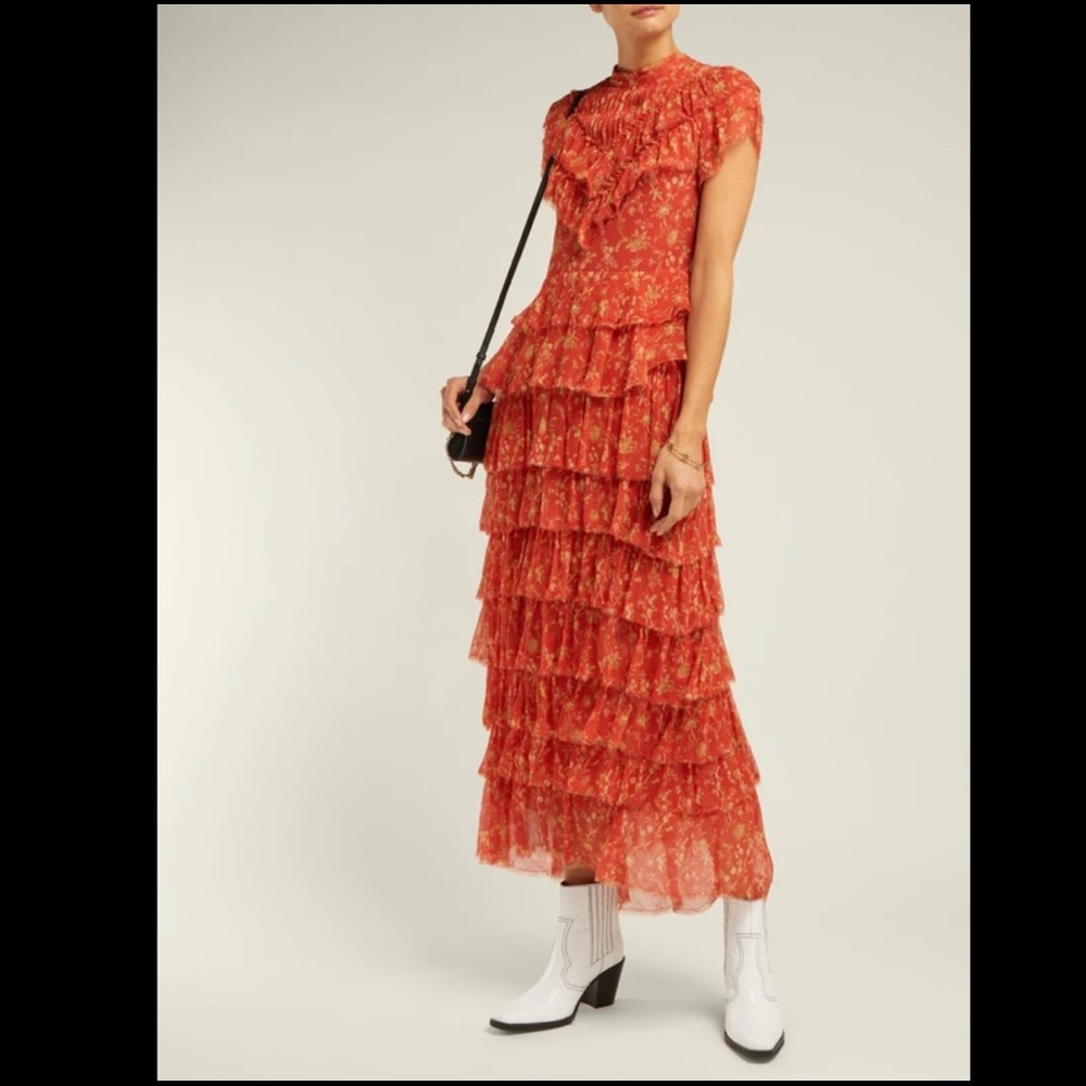 🦋 Sir the Label Posey Floral Maxi Dress 100% Raw Silk Tiered Ruffle